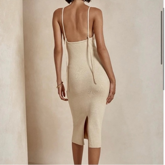 Cream Bodycon Midi Dress with Plunge Neckline - Picture 2 of 4